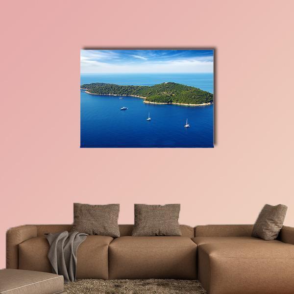 Seascape with Cruise Yachts in Croatia Canvas Wall Art in white, green and blue, single panel hung on a wall