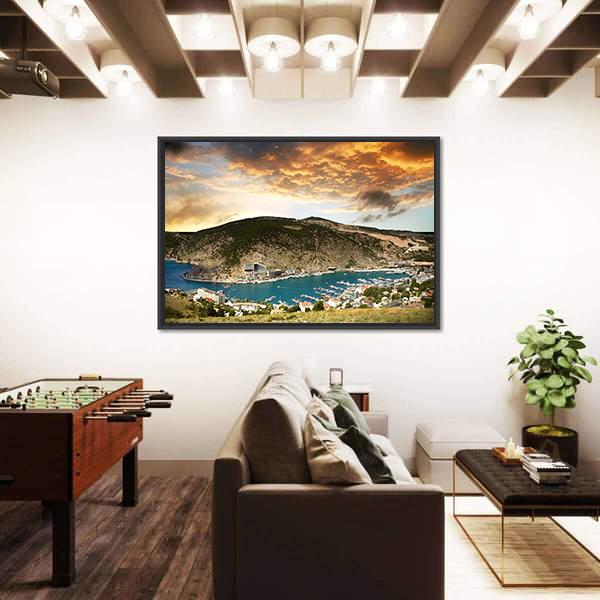 Seascape With Mountains Vertical Canvas Wall Art-3 Vertical-Gallery Wrap-12" x 25"-Tiaracle