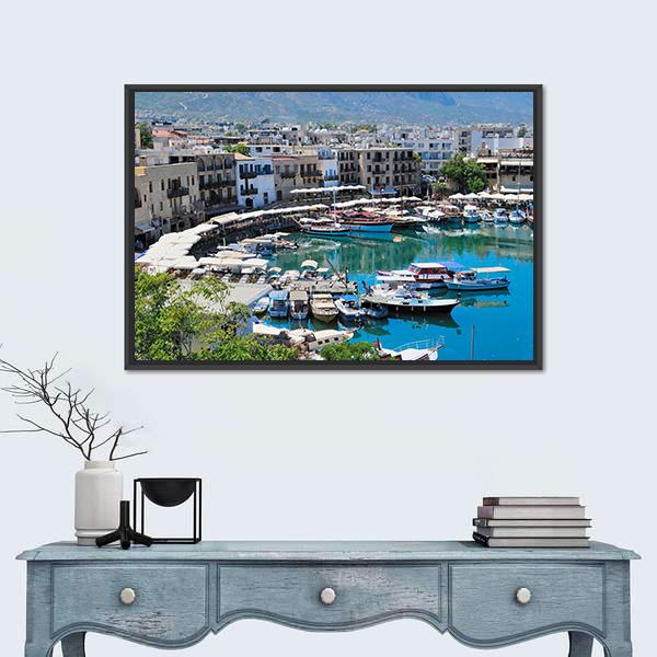 Seashore With A Pier Tourist Center Of Kyrenia Canvas Wall Art-1 Piece-Floating Frame-24" x 16"-Tiaracle