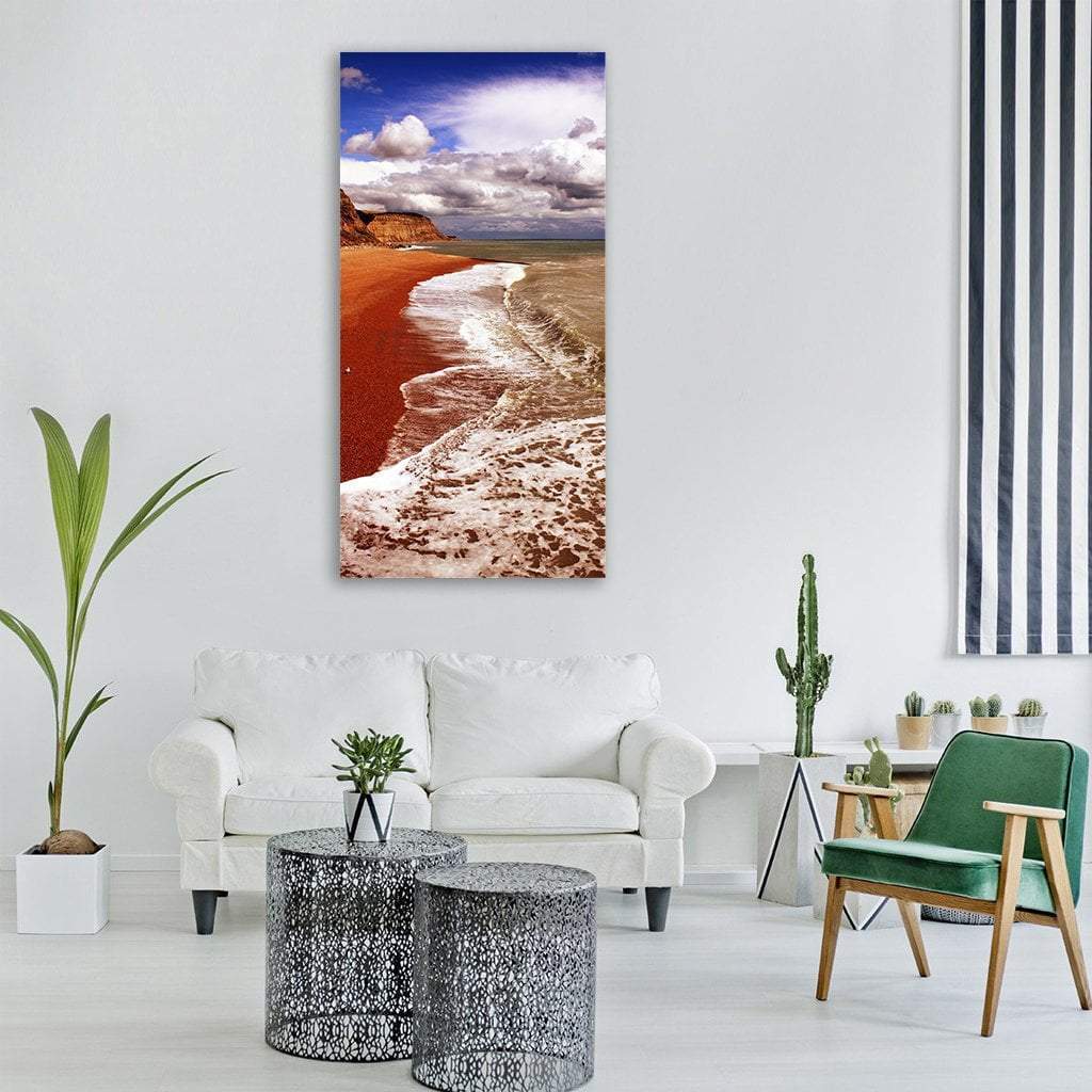 Seaside Coast in England Vertical Canvas Wall Art in white, brown and blue, single vertical panel hung on a wall