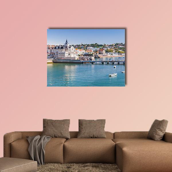 Seaside Cityscape of Cascais Canvas Wall Art in white, beige and blue, single panel hung on a wall