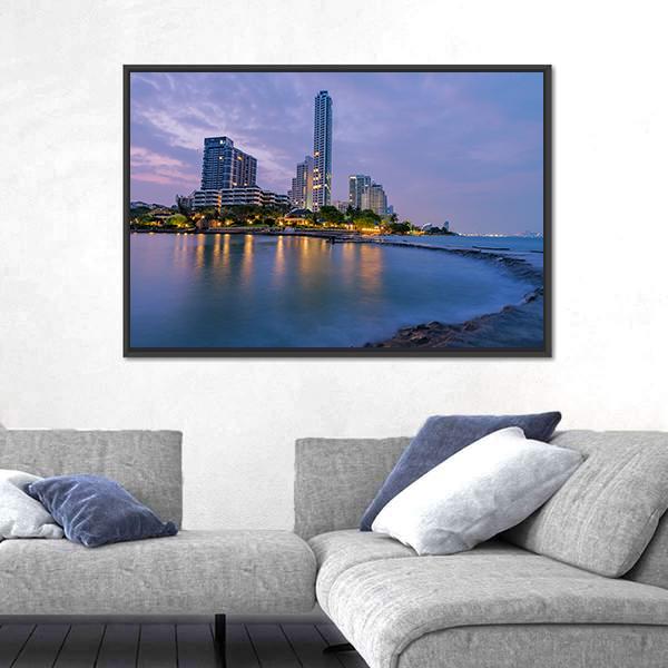Seaside Town In Pattaya Canvas Wall Art-1 Piece-Floating Frame-24" x 16"-Tiaracle
