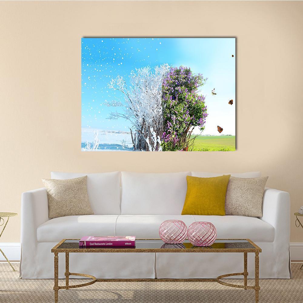 Winter to Spring Tree with Butterflies Canvas Wall Art in white, green and blue, single panel hung on a wall