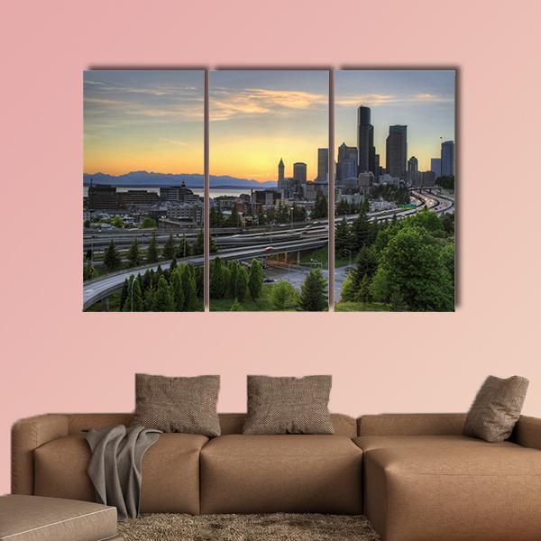 Seattle Washington Skyline At Sunset Canvas Wall Art-3 Horizontal-Gallery Wrap-37" x 24"-Tiaracle