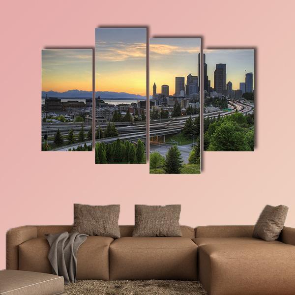 Seattle Washington Skyline At Sunset Canvas Wall Art-4 Pop-Gallery Wrap-50" x 32"-Tiaracle
