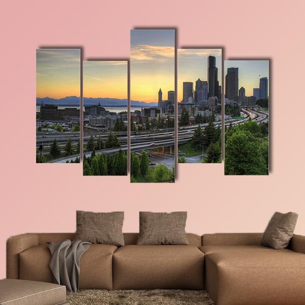 Seattle Washington Skyline At Sunset Canvas Wall Art-5 Pop-Gallery Wrap-47" x 32"-Tiaracle