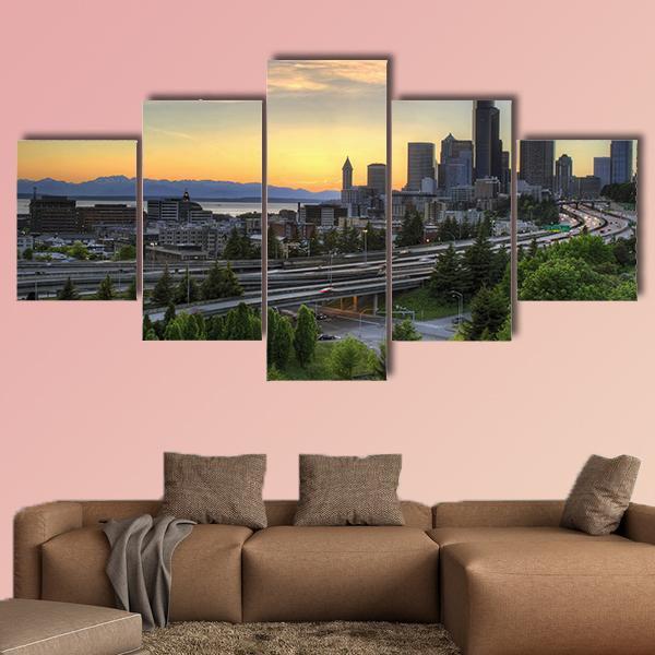 Seattle Washington Skyline At Sunset Canvas Wall Art-5 Star-Gallery Wrap-62" x 32"-Tiaracle