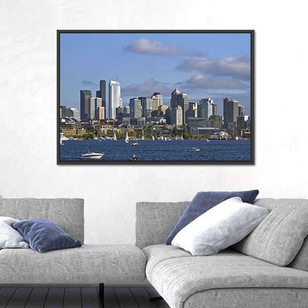 Seattle Washington Skyline On Lake Canvas Wall Art-3 Horizontal-Gallery Wrap-25" x 16"-Tiaracle