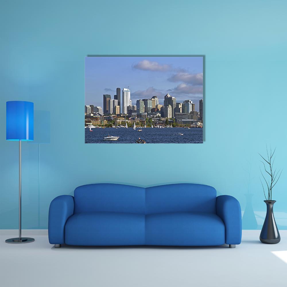 Seattle Skyline on Lake Canvas Wall Art in gray and blue, single panel hung on a wall