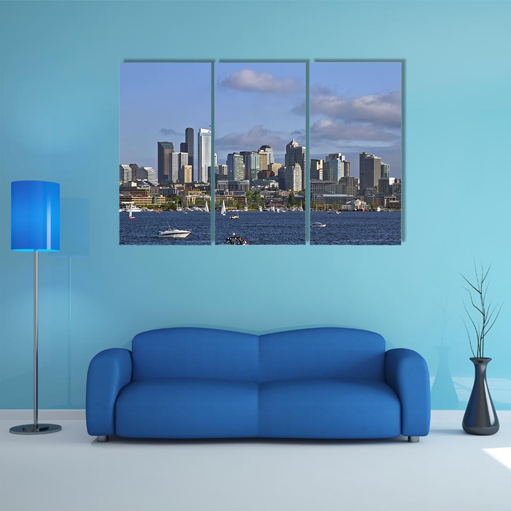 Seattle Washington Skyline On Lake Canvas Wall Art-3 Horizontal-Gallery Wrap-37" x 24"-Tiaracle