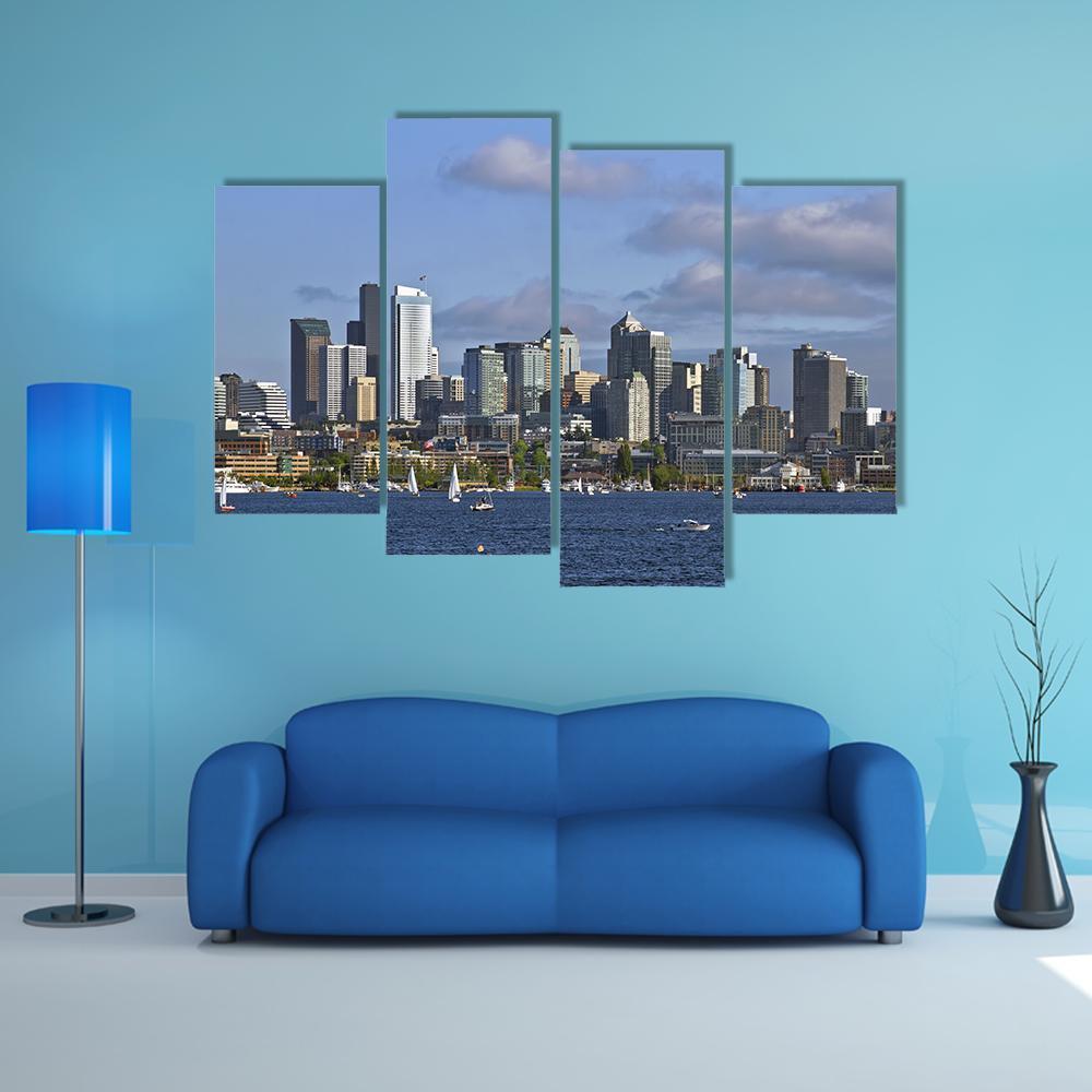 Seattle Washington Skyline On Lake Canvas Wall Art-4 Pop-Gallery Wrap-50" x 32"-Tiaracle