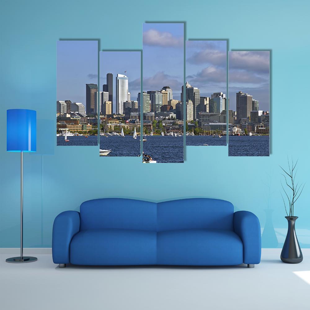 Seattle Washington Skyline On Lake Canvas Wall Art-5 Pop-Gallery Wrap-47" x 32"-Tiaracle