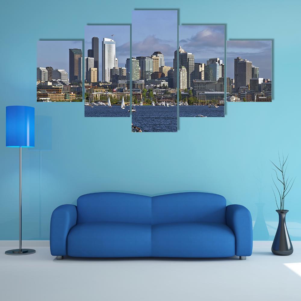 Seattle Washington Skyline On Lake Canvas Wall Art-5 Star-Gallery Wrap-62" x 32"-Tiaracle