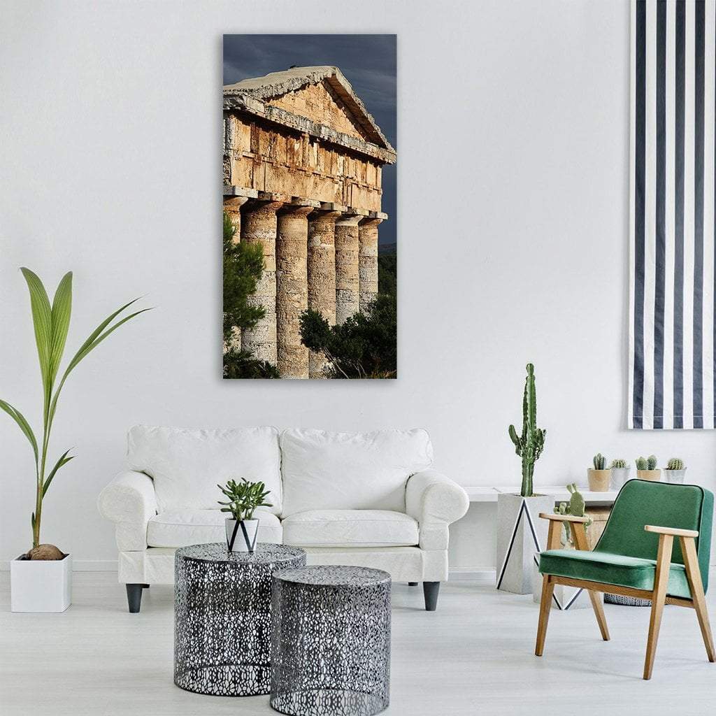 Segesta Temple in Italy Vertical Canvas Wall Art in gray, beige and brown, single vertical panel hung on a wall