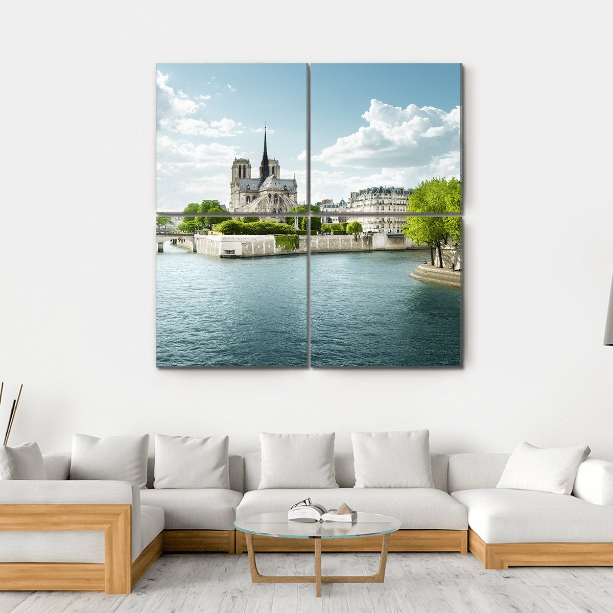Notre Dame Cathedral and the Seine Canvas Wall Art in white, green and blue, hung on a wall