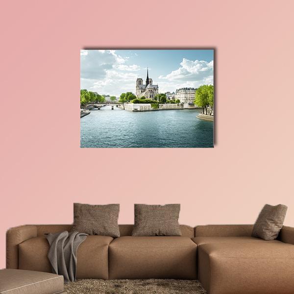 Seine And Notre Dame de Paris In France Canvas Wall Art-1 Piece-Gallery Wrap-48" x 32"-Tiaracle