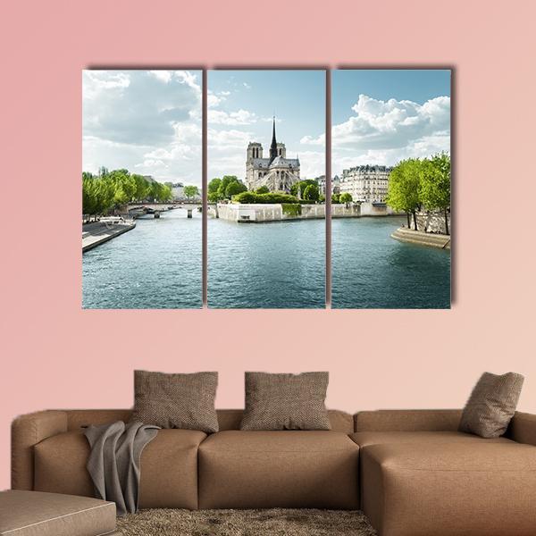 Seine And Notre Dame de Paris In France Canvas Wall Art-3 Horizontal-Gallery Wrap-37" x 24"-Tiaracle