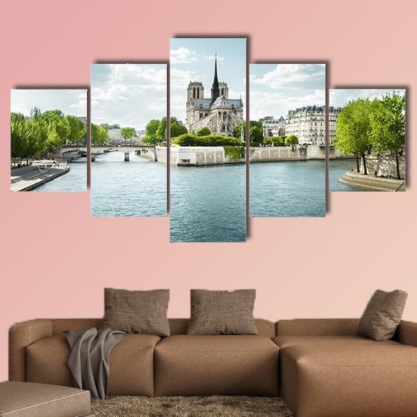 Seine And Notre Dame de Paris In France Canvas Wall Art-5 Star-Gallery Wrap-62" x 32"-Tiaracle