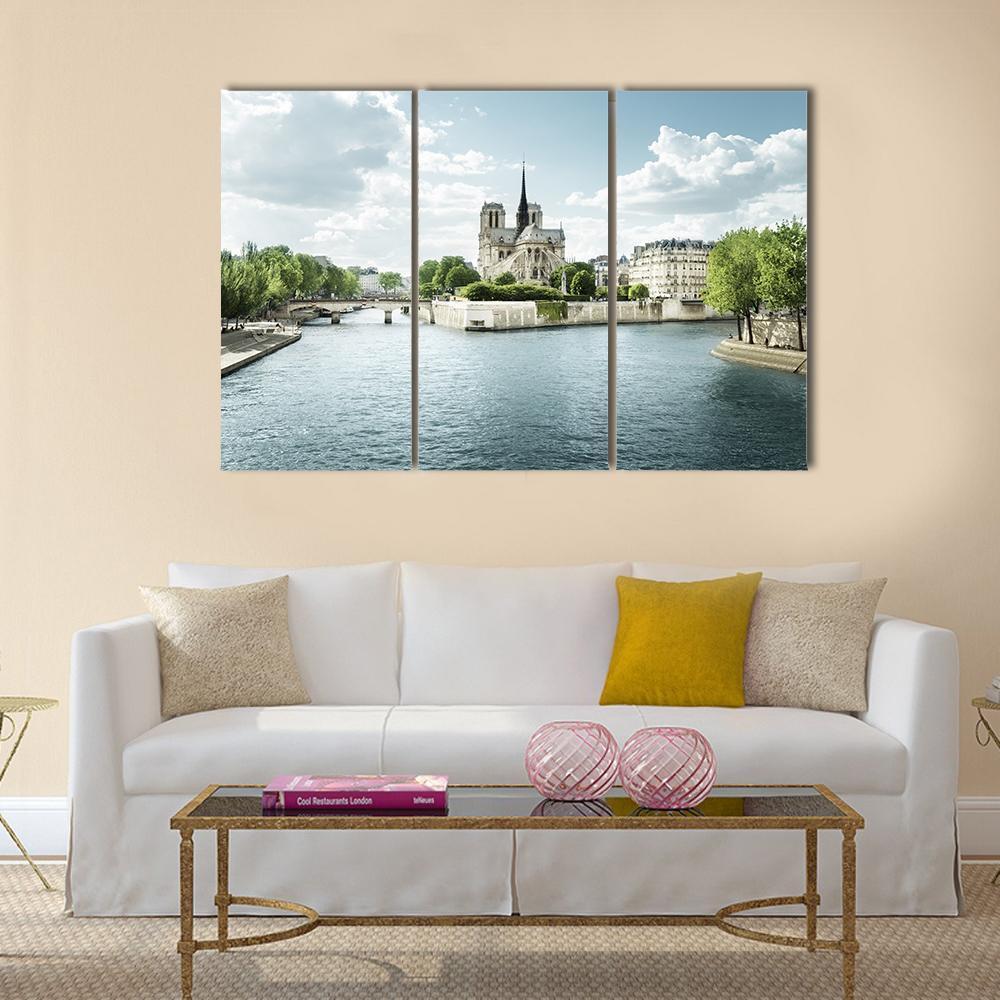 Seine And Notre Dame De Paris Canvas Wall Art-3 Horizontal-Gallery Wrap-37" x 24"-Tiaracle