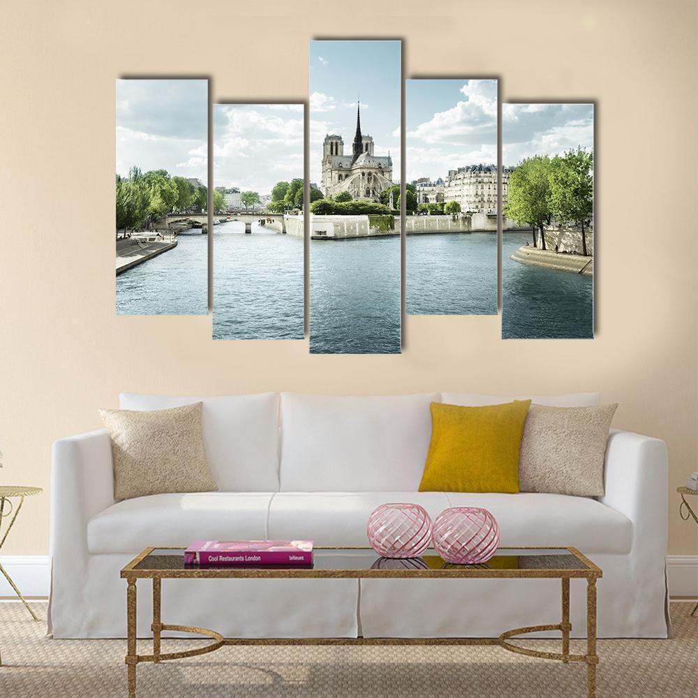 Seine And Notre Dame De Paris Canvas Wall Art-5 Pop-Gallery Wrap-47" x 32"-Tiaracle