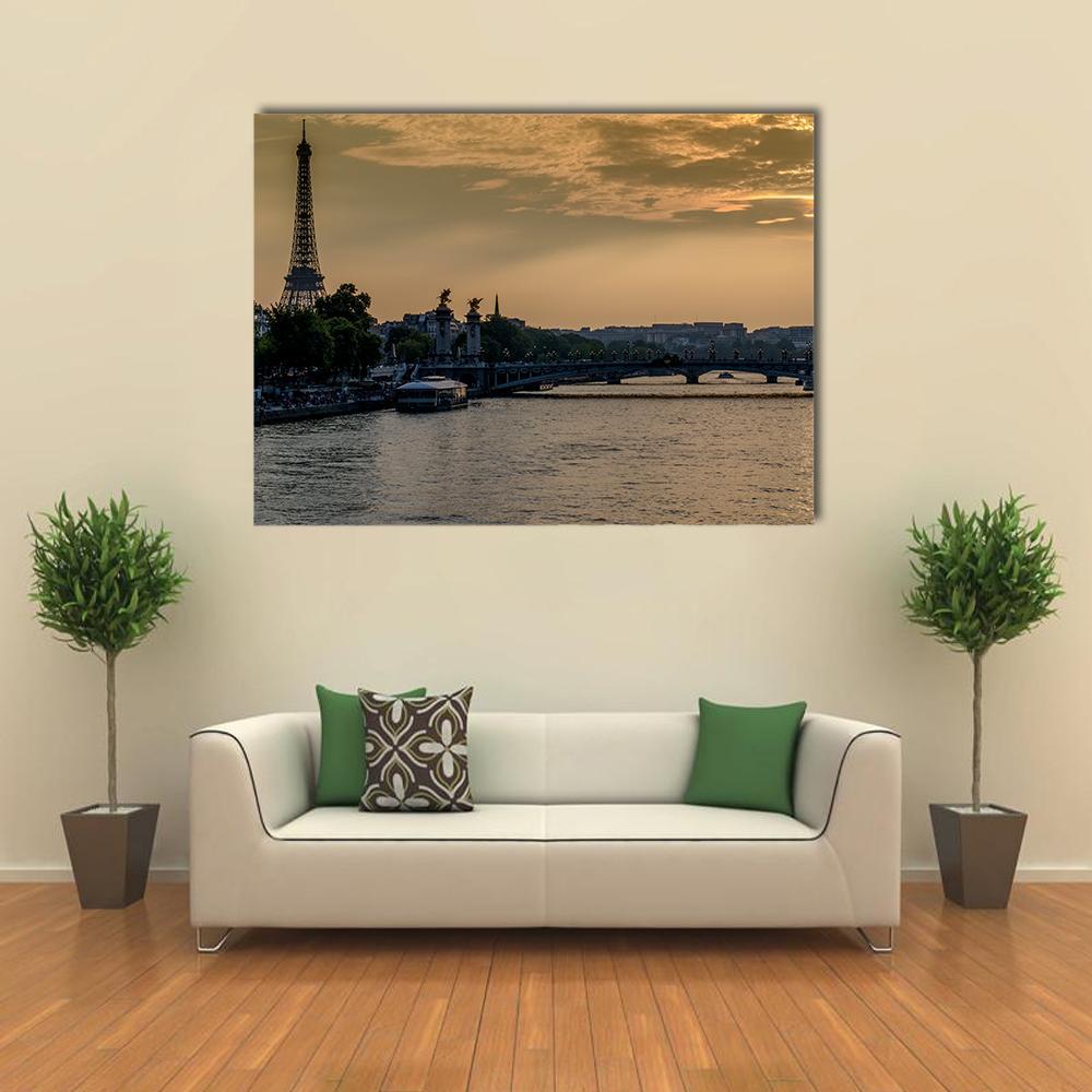 Seine River In Paris At Sunset Canvas Wall Art-1 Piece-Gallery Wrap-48" x 32"-Tiaracle