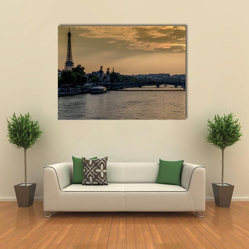 Seine River In Paris At Sunset Canvas Wall Art-5 Star-Gallery Wrap-62" x 32"-Tiaracle