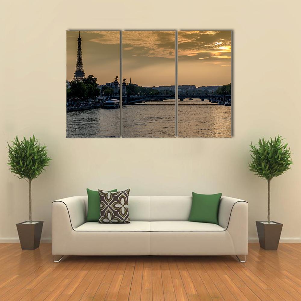 Seine River In Paris At Sunset Canvas Wall Art-3 Horizontal-Gallery Wrap-37" x 24"-Tiaracle