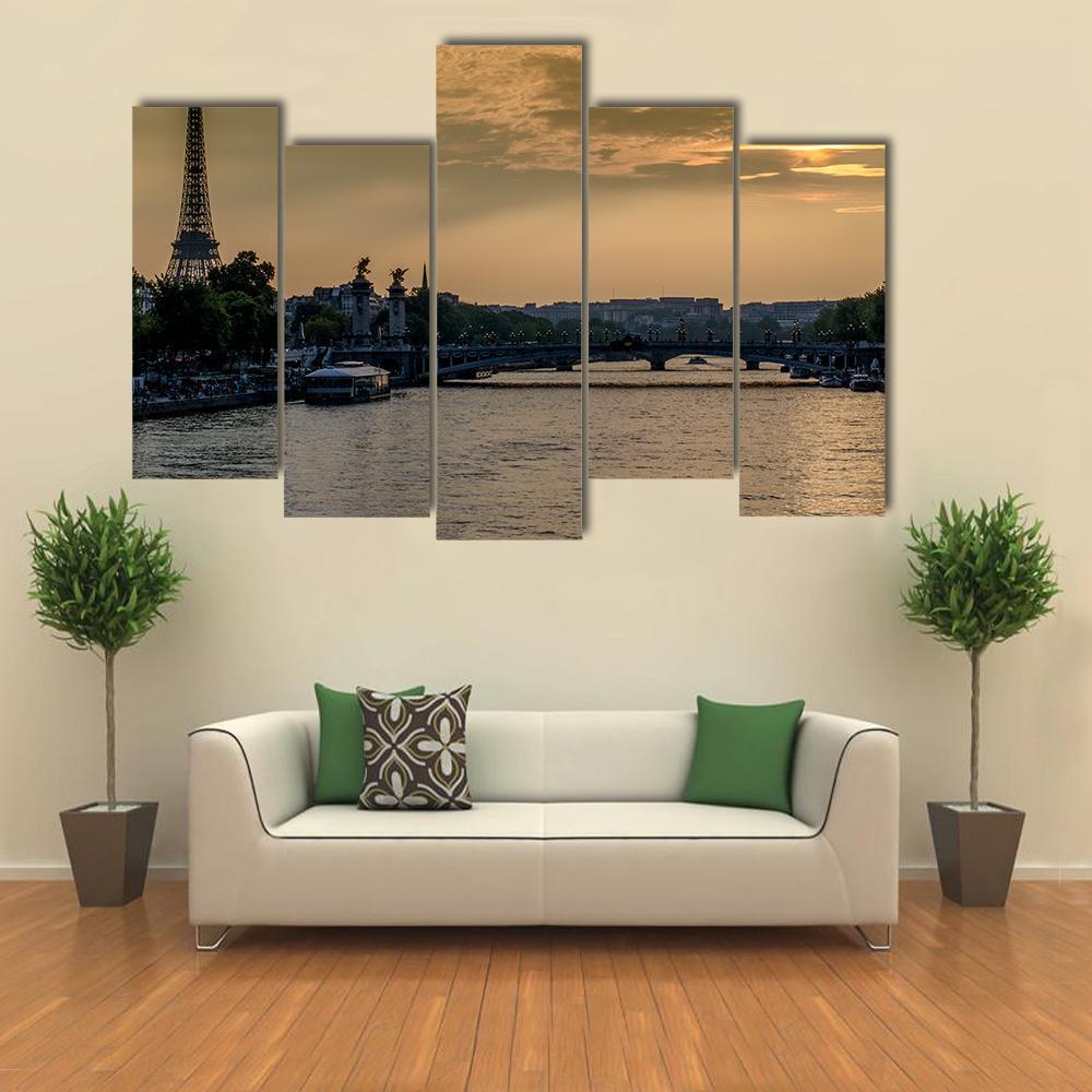 Seine River In Paris At Sunset Canvas Wall Art-5 Pop-Gallery Wrap-47" x 32"-Tiaracle
