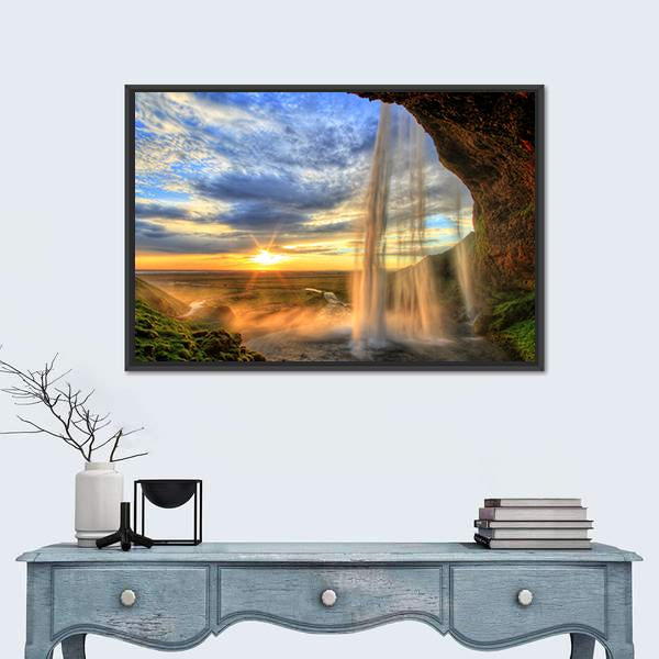 Seljalandfoss Waterfall At Sunset In Iceland Canvas Wall Art-1 Piece-Floating Frame-24" x 16"-Tiaracle