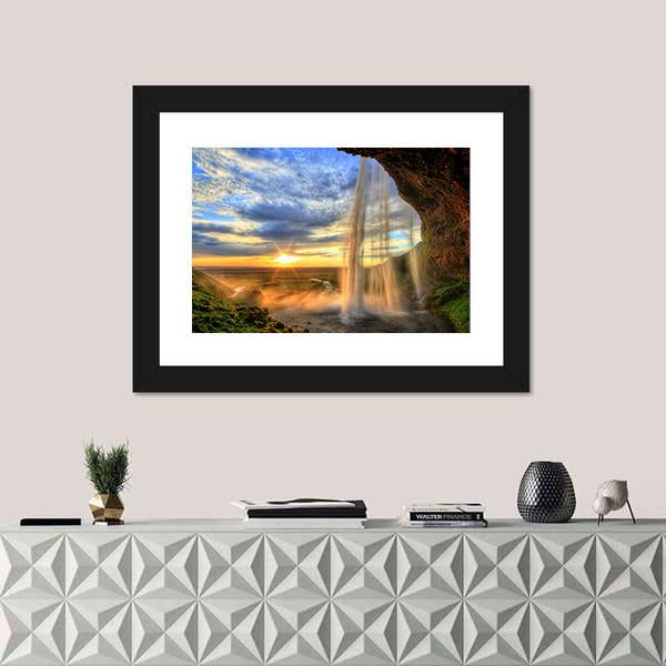 Seljalandfoss Waterfall At Sunset In Iceland Canvas Wall Art-1 Piece-Framed Print-20" x 16"-Tiaracle