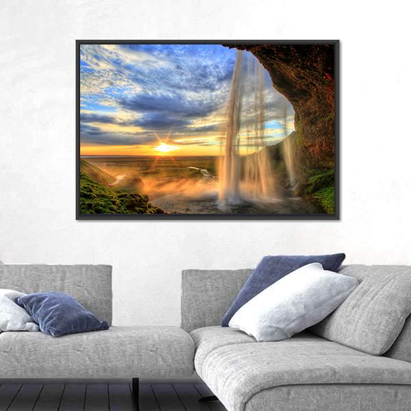 Seljalandfoss Waterfall At Sunset In Iceland Canvas Wall Art-3 Horizontal-Gallery Wrap-25" x 16"-Tiaracle