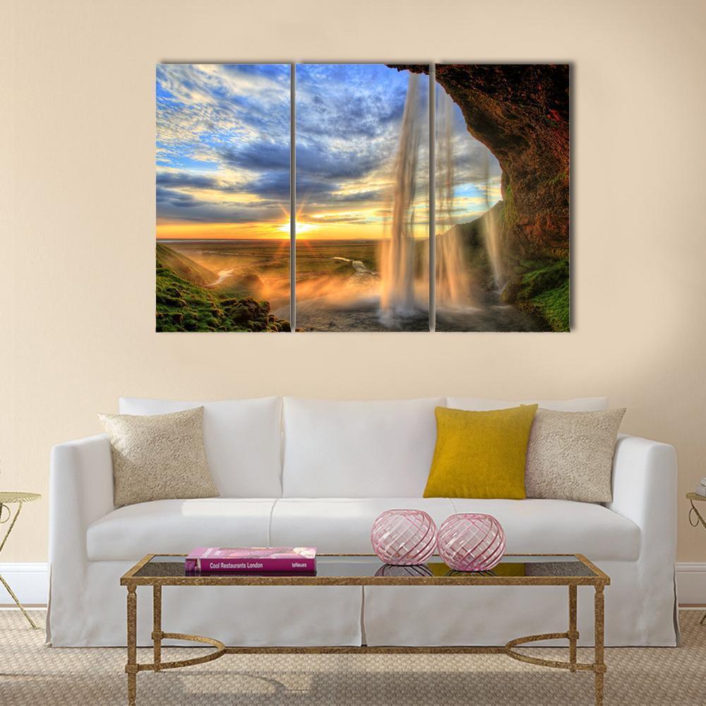 Seljalandfoss Waterfall At Sunset In Iceland Canvas Wall Art-3 Horizontal-Gallery Wrap-37" x 24"-Tiaracle