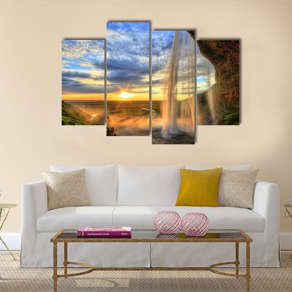 Seljalandfoss Waterfall At Sunset In Iceland Canvas Wall Art-4 Pop-Gallery Wrap-50" x 32"-Tiaracle