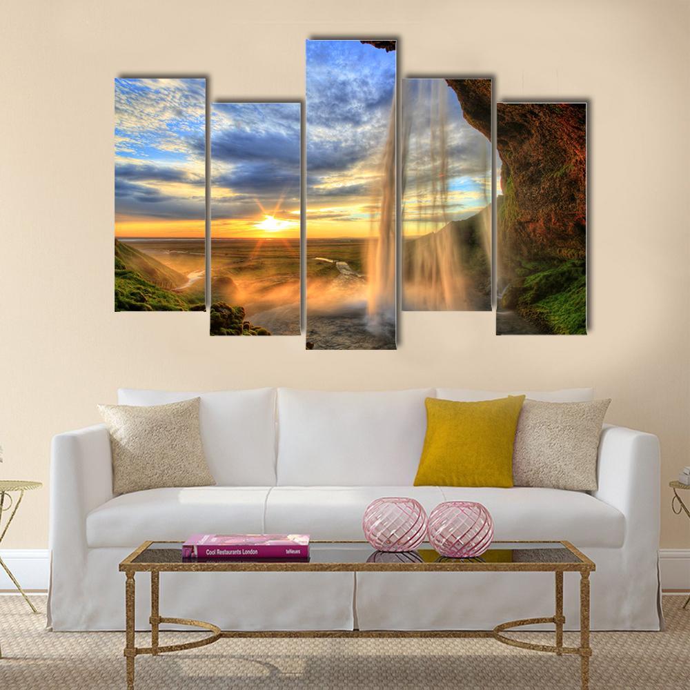 Seljalandfoss Waterfall At Sunset In Iceland Canvas Wall Art-5 Pop-Gallery Wrap-47" x 32"-Tiaracle