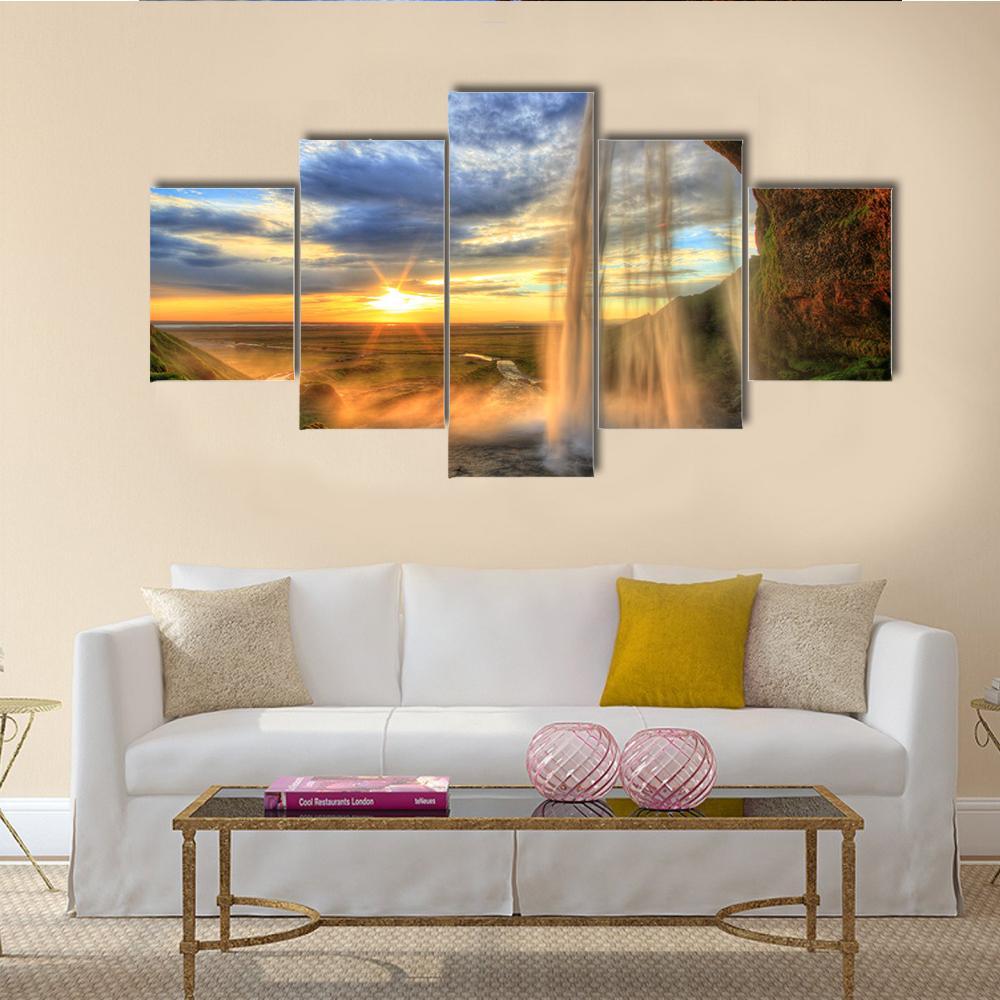 Seljalandfoss Waterfall At Sunset In Iceland Canvas Wall Art-5 Star-Gallery Wrap-62" x 32"-Tiaracle
