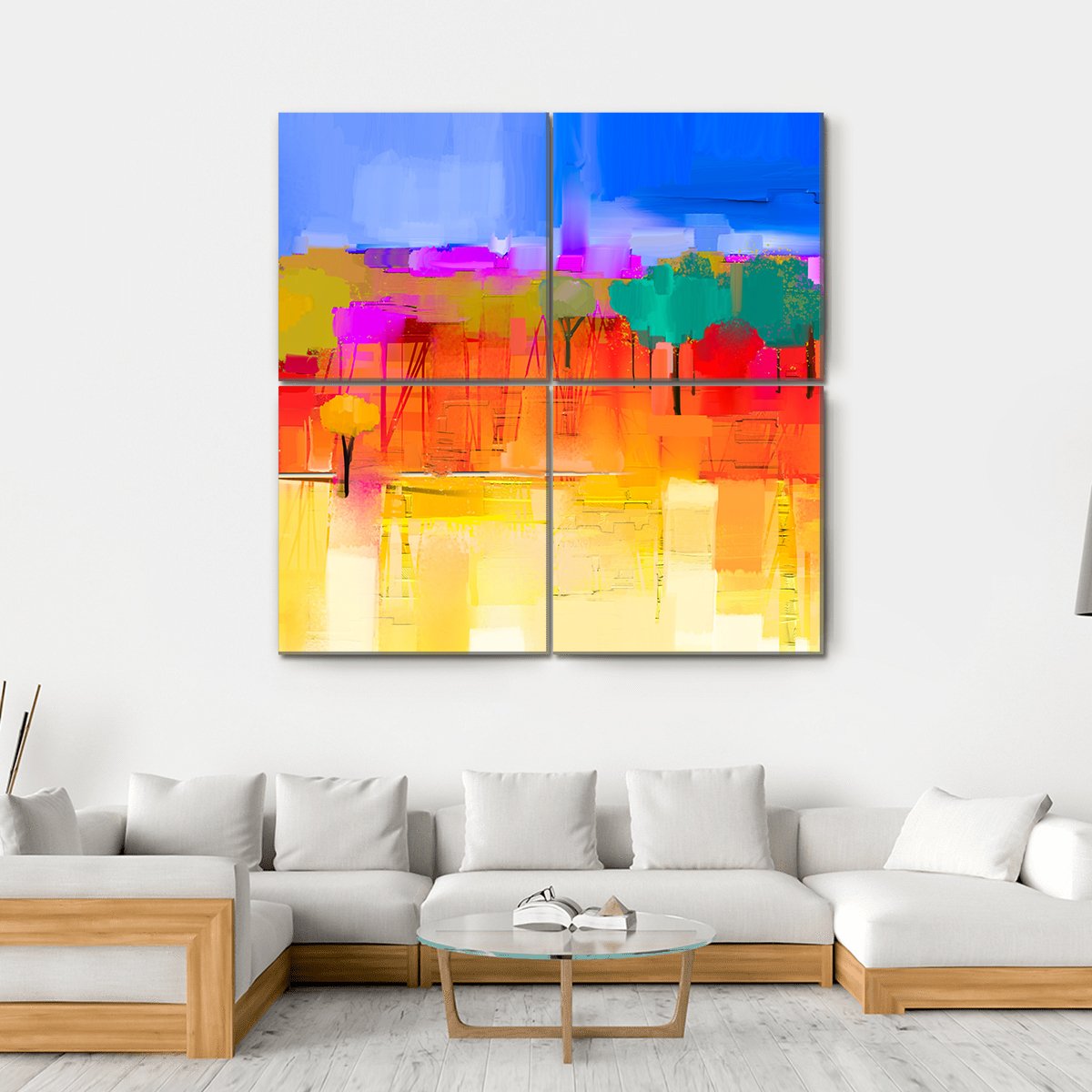 Semi Abstract Image Of Tree And Field with Blue Sky Canvas Wall Art-4 Square-Gallery Wrap-17" x 17"-Tiaracle