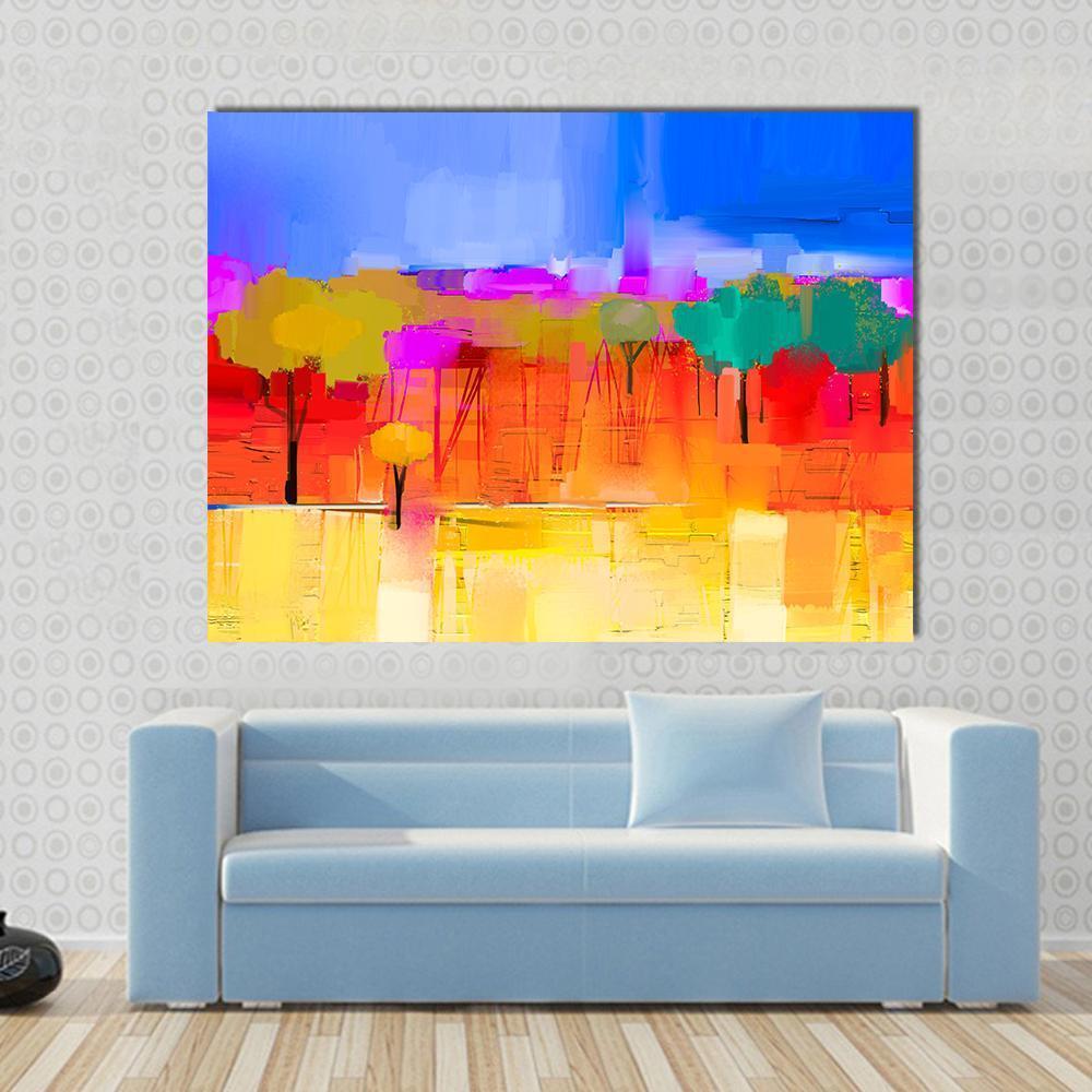 Semi Abstract Tree and Field with Blue Sky Canvas Wall Art in orange, yellow and blue, single panel hung on a wall