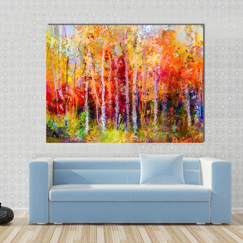 Semi Abstract Forest Painting Canvas Wall Art in red, orange and yellow, single panel hung on a wall
