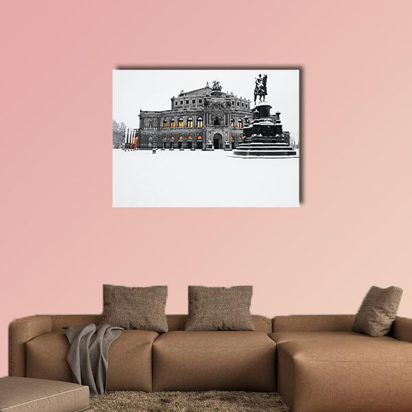 Semperoper in Winter Evening Canvas Wall Art in black, white and gray, single panel hung on a wall