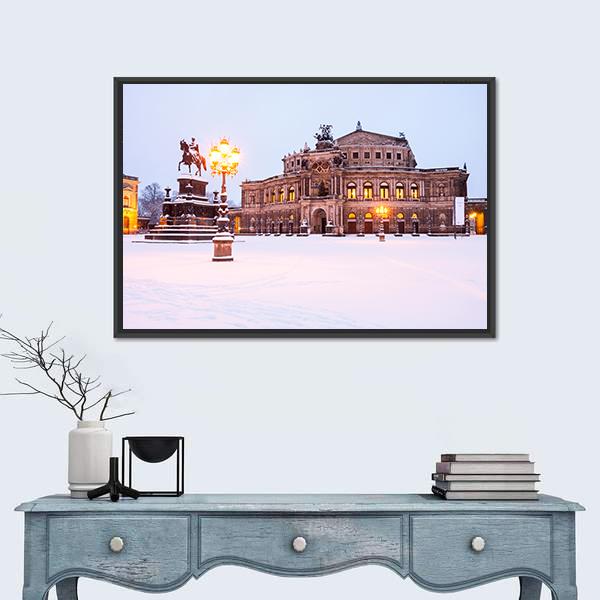 Semperoper In The Winter Time Canvas Wall Art-1 Piece-Floating Frame-24" x 16"-Tiaracle