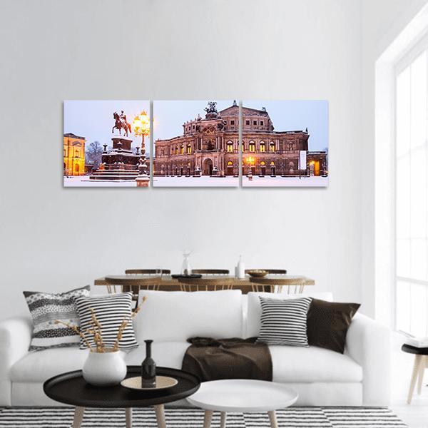 Semperoper in Winter Panoramic Canvas Wall Art in white, gray and brown, hung on a wall