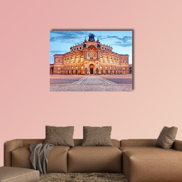 Semperoper Opera House at Dusk Canvas Wall Art in beige, orange and blue, single panel hung on a wall