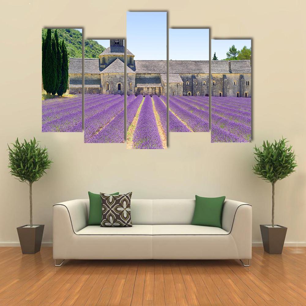 Sénanque Abbey And Lavender Flowers Canvas Wall Art-5 Pop-Gallery Wrap-47&quot; x 32&quot;-Tiaracle