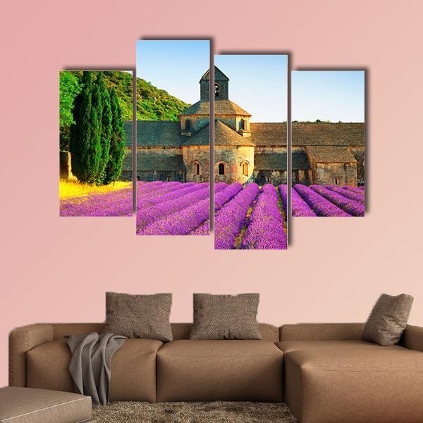 Sénanque Abbey With Flowers Canvas Wall Art-4 Pop-Gallery Wrap-50" x 32"-Tiaracle