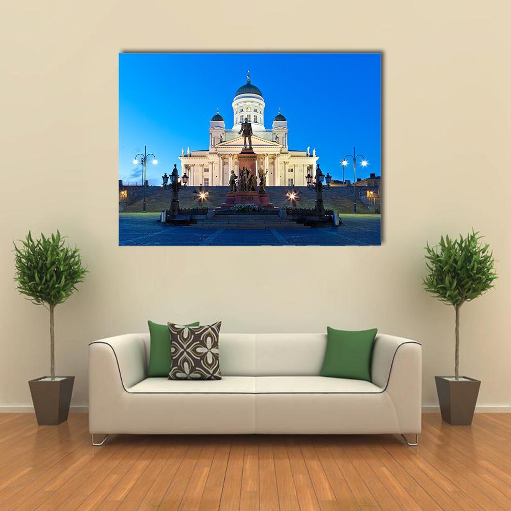 Senate Square with Lutheran Cathedral Canvas Wall Art in white, beige and blue, single panel hung on a wall