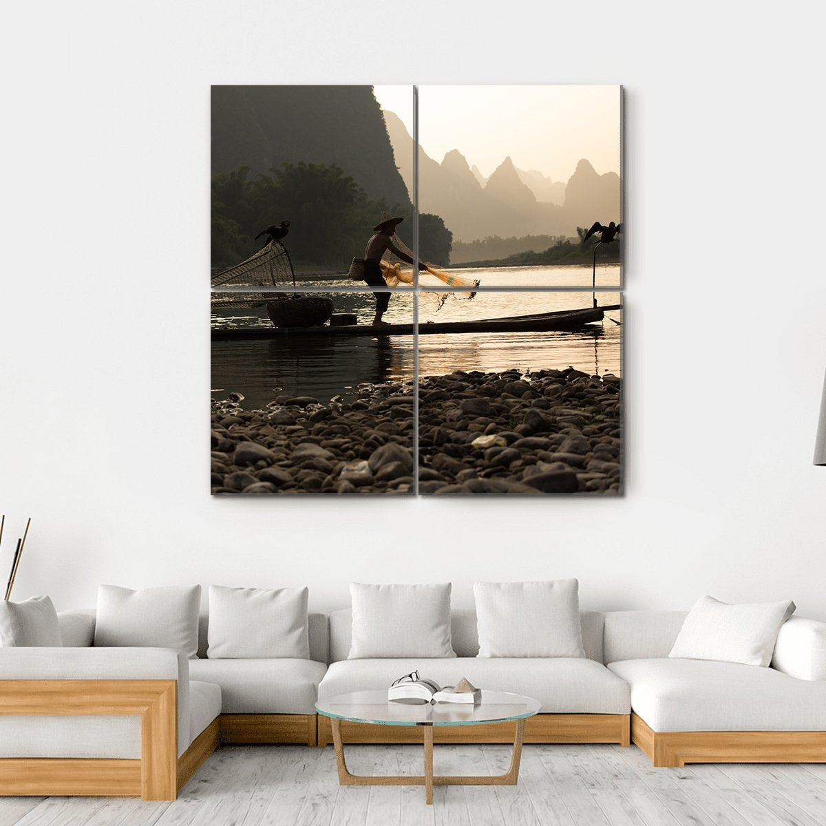 Senior Adult Fishing In China Canvas Wall Art-4 Square-Gallery Wrap-17" x 17"-Tiaracle