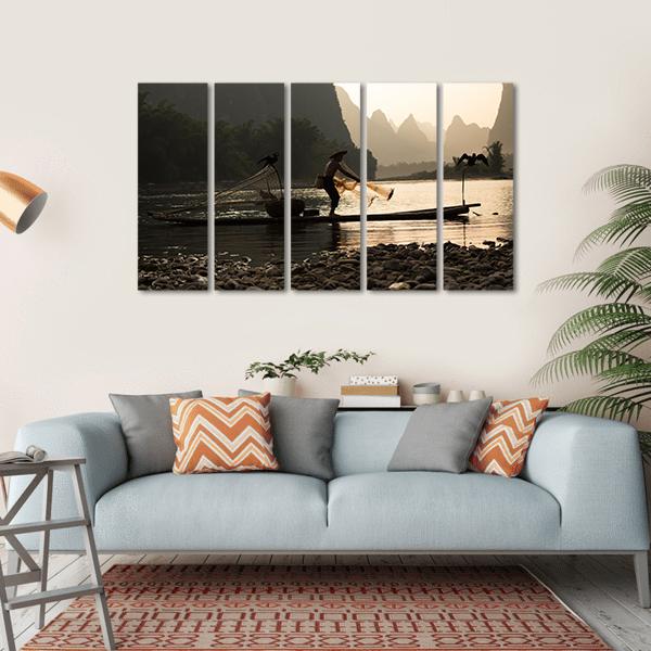 Senior Adult Fishing In China Canvas Wall Art-5 Horizontal-Gallery Wrap-22" x 12"-Tiaracle