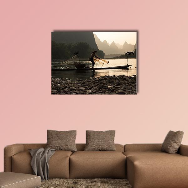 Senior Adult Fishing In China Canvas Wall Art-1 Piece-Gallery Wrap-48" x 32"-Tiaracle