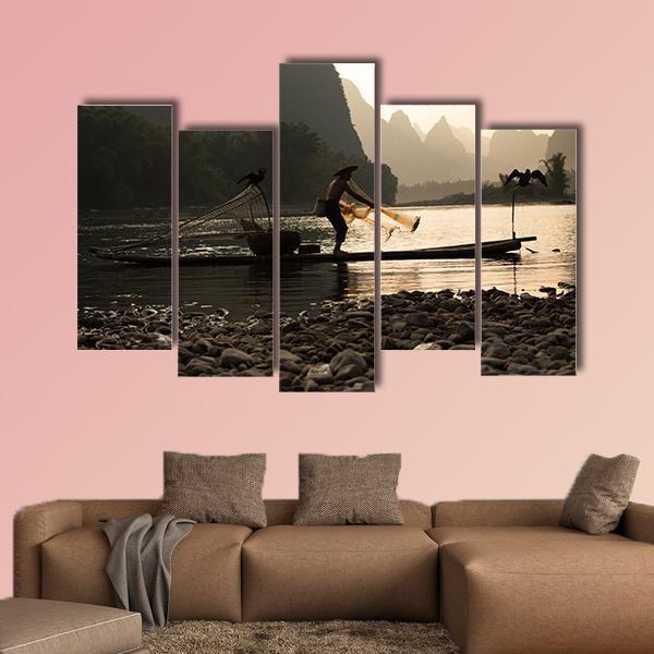 Senior Adult Fishing In China Canvas Wall Art-5 Pop-Gallery Wrap-47" x 32"-Tiaracle
