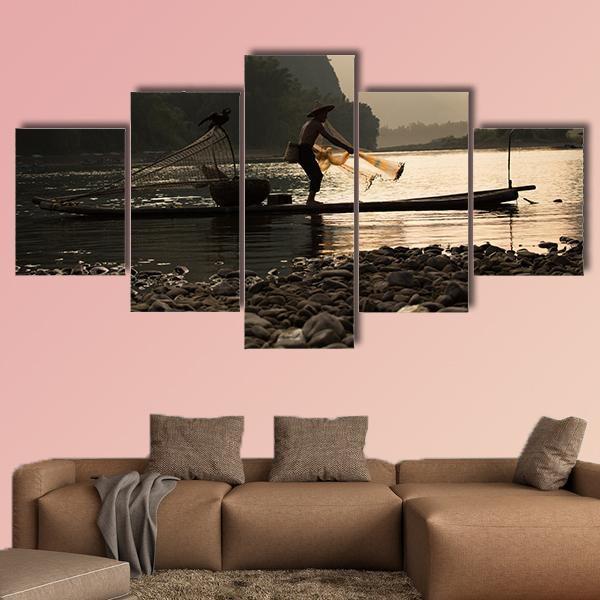 Senior Adult Fishing In China Canvas Wall Art-5 Star-Gallery Wrap-62" x 32"-Tiaracle